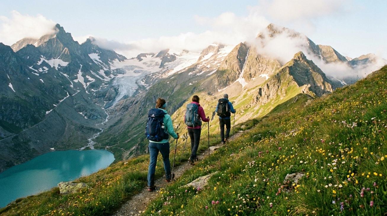 Drei Wandernde auf einem Bergweg hoch über einem Gletschersee